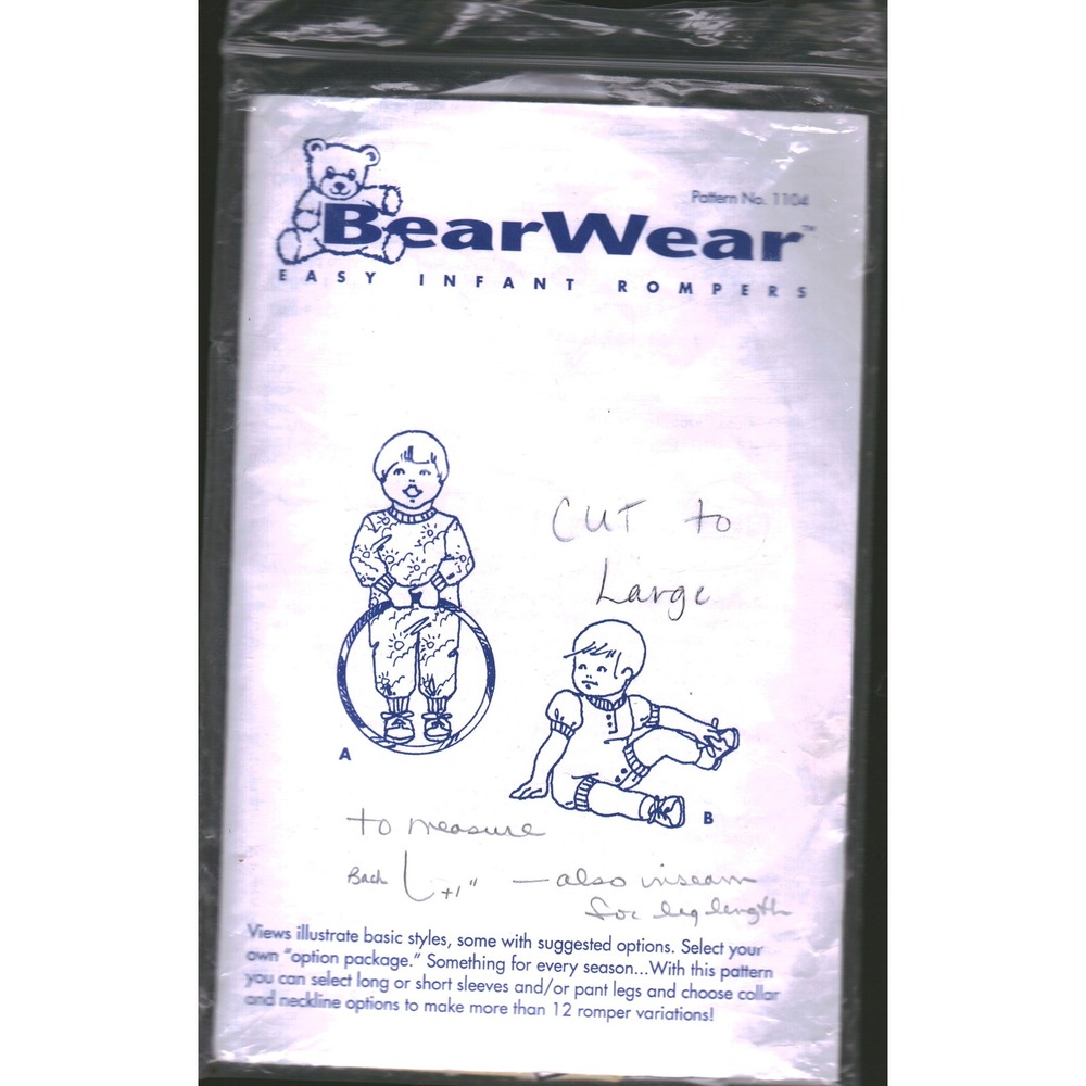 BearWear 1104 Easy Infant Romper Sewing‎ Pattern Vintage 1993 Cut to Large